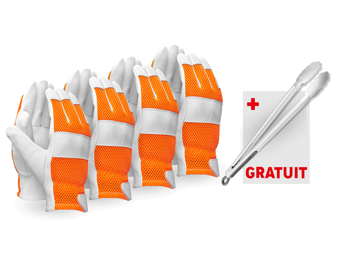 Sécurité au travail: 4x e.s. Gants en cuir Mesh + Pince à barbecue + orange