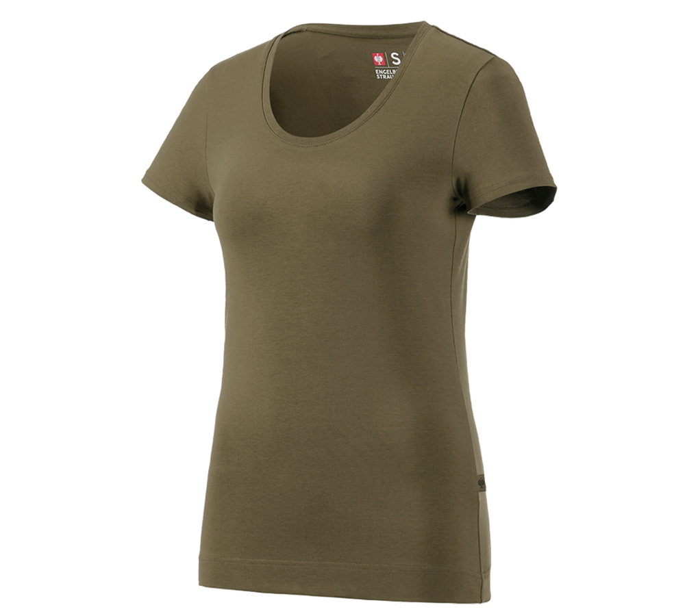 Hauts: e.s. T-shirt cotton stretch, femmes + vert boue