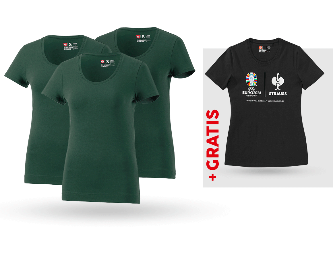 Bekleidung: SET: 3x T-Shirt cotton stretch, Damen + Shirt + grün