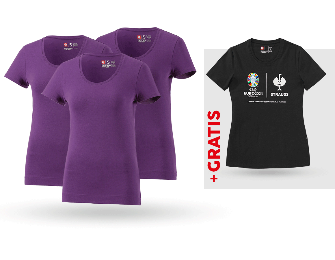 Bekleidung: SET: 3x T-Shirt cotton stretch, Damen + Shirt + violett