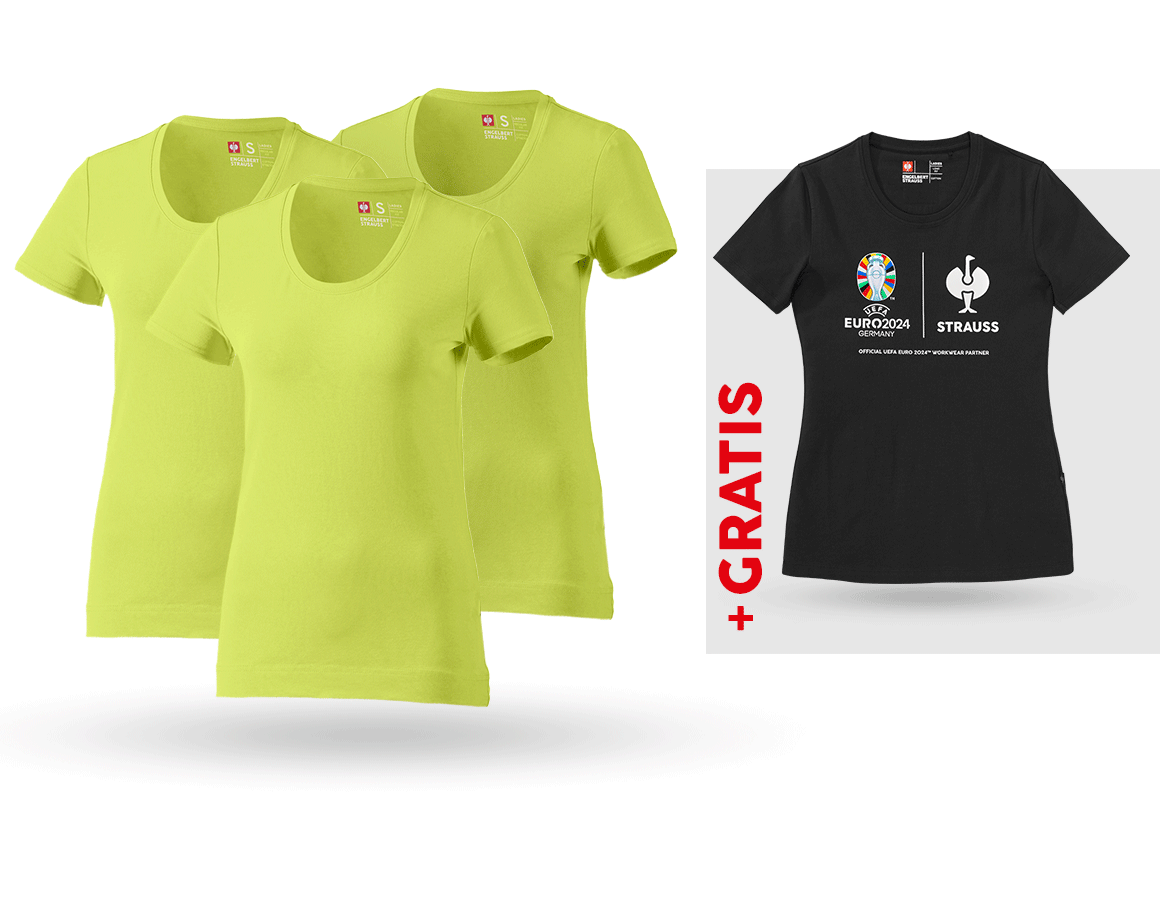 Bekleidung: SET: 3x T-Shirt cotton stretch, Damen + Shirt + maigrün