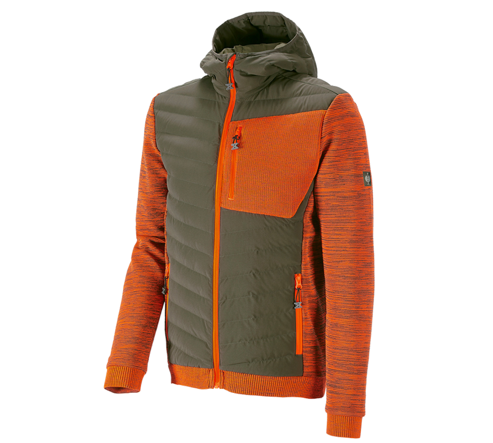 Vestes de travail: Veste en tricot à capuche hybride e.s.motion ten + vert camouflage/orange fluo mélange