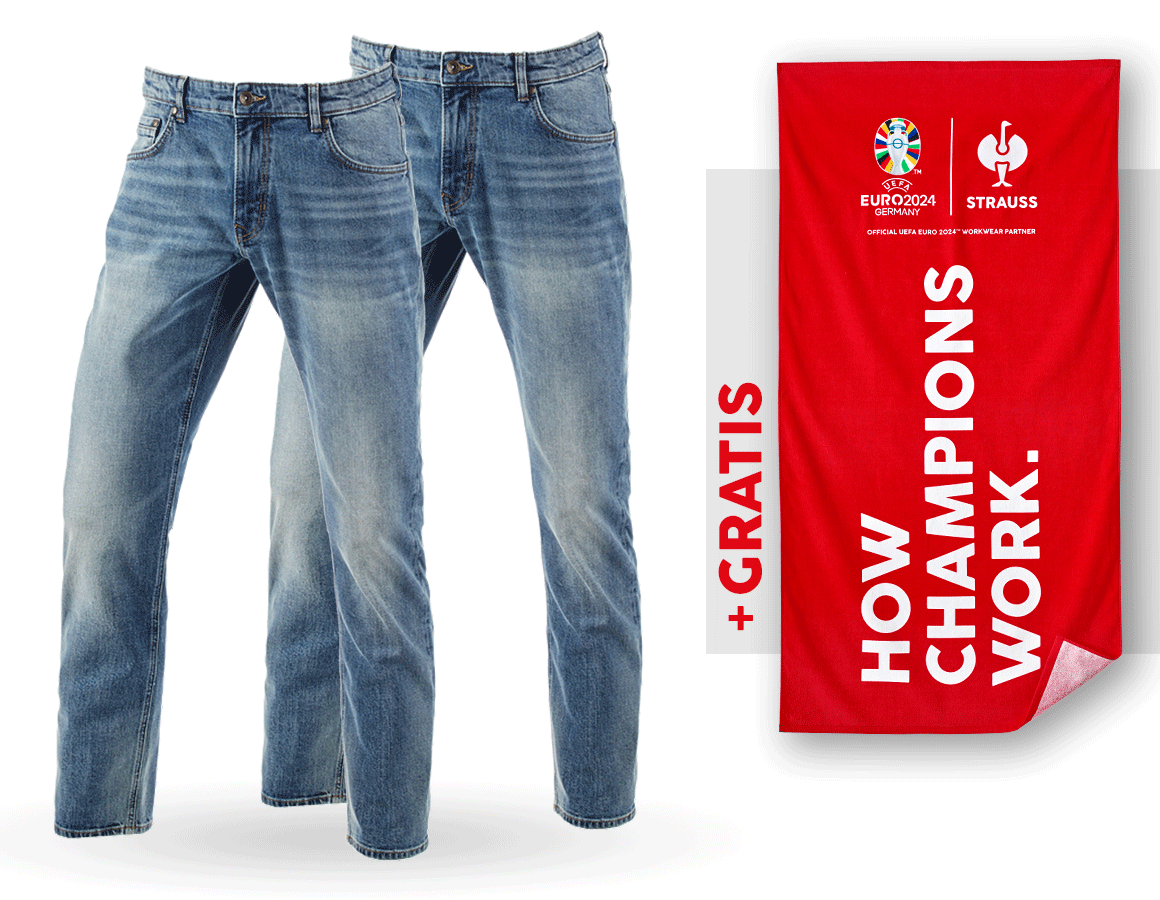 Bekleidung: SET: 2x 5-Pocket-Stretch-Jeans, straight +Badetuch + stonewashed