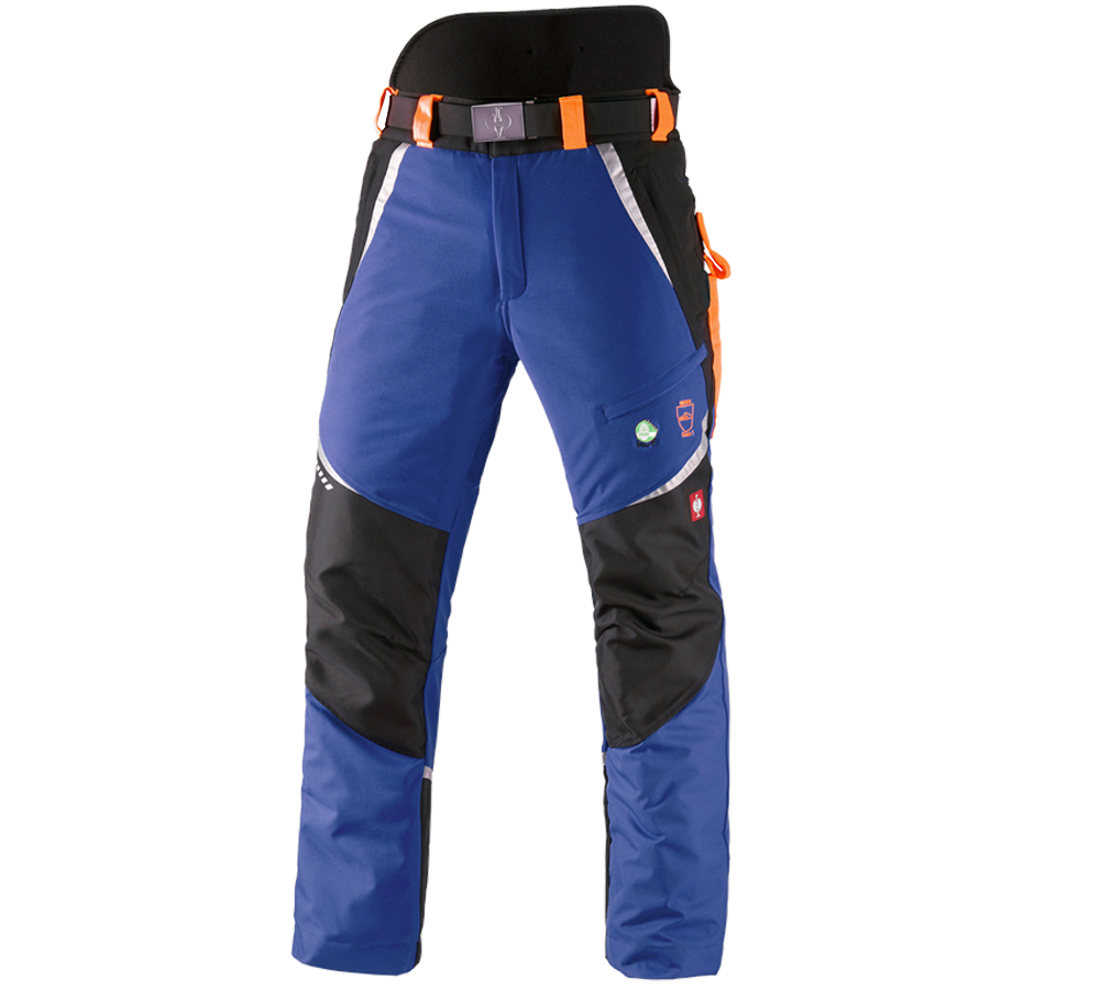 Pantalons de travail: e.s. Pantalon forestier élastique anticoupure, KWF + bleu royal/orange fluo