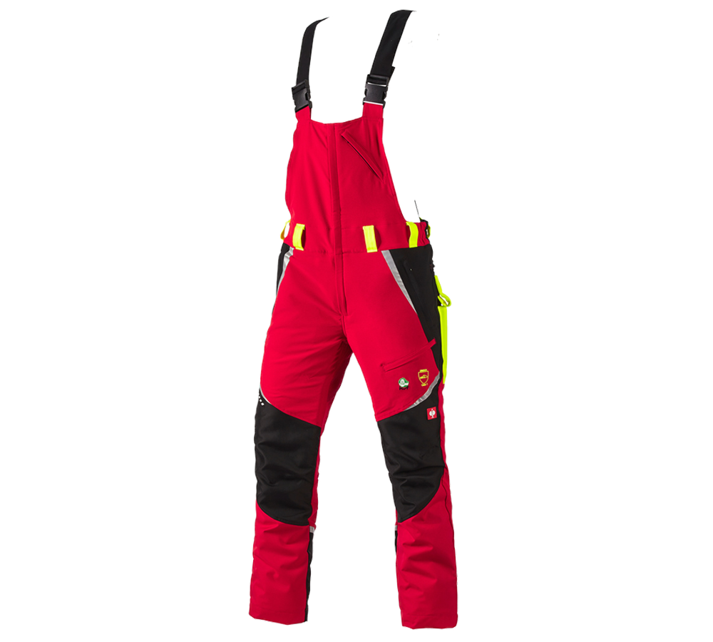 Pantalons de travail: e.s. Salopette de forestier anticoupure, KWF + rouge/jaune fluo