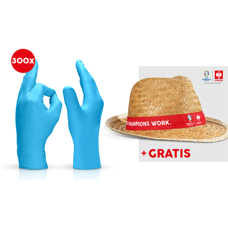 Kollaborationen: 3x100 Einweg Latex-Handschuhe + EURO2024 Hut + blau
