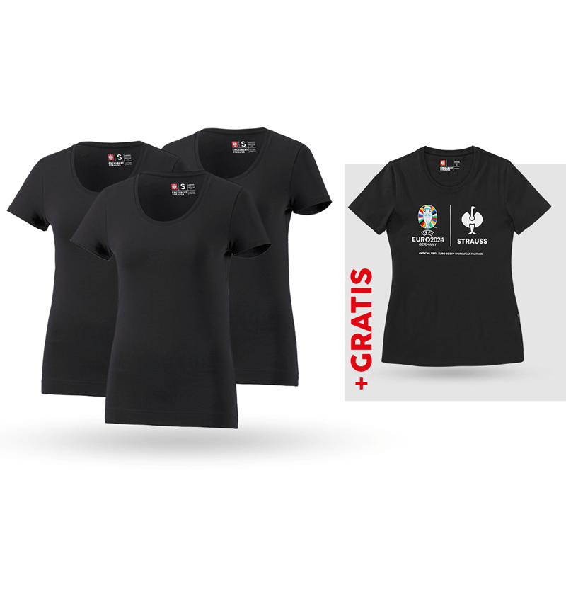 Bekleidung: SET: 3x T-Shirt cotton stretch, Damen + Shirt + schwarz