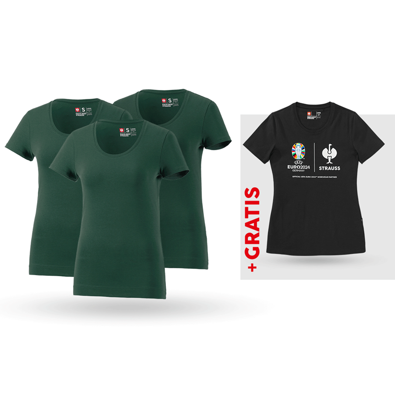 Bekleidung: SET: 3x T-Shirt cotton stretch, Damen + Shirt + grün