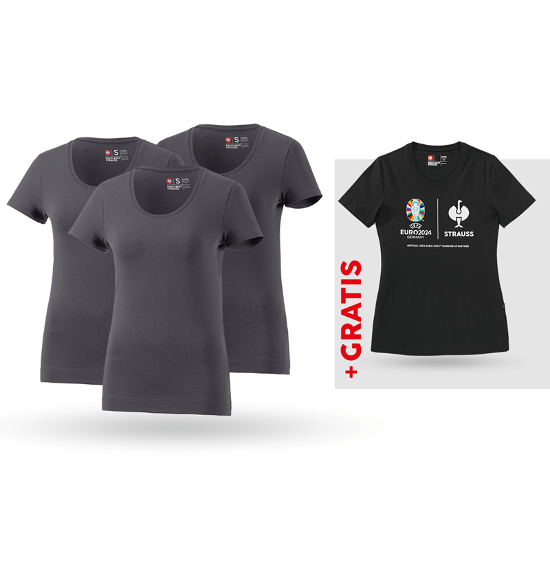 Bekleidung: SET: 3x T-Shirt cotton stretch, Damen + Shirt + anthrazit