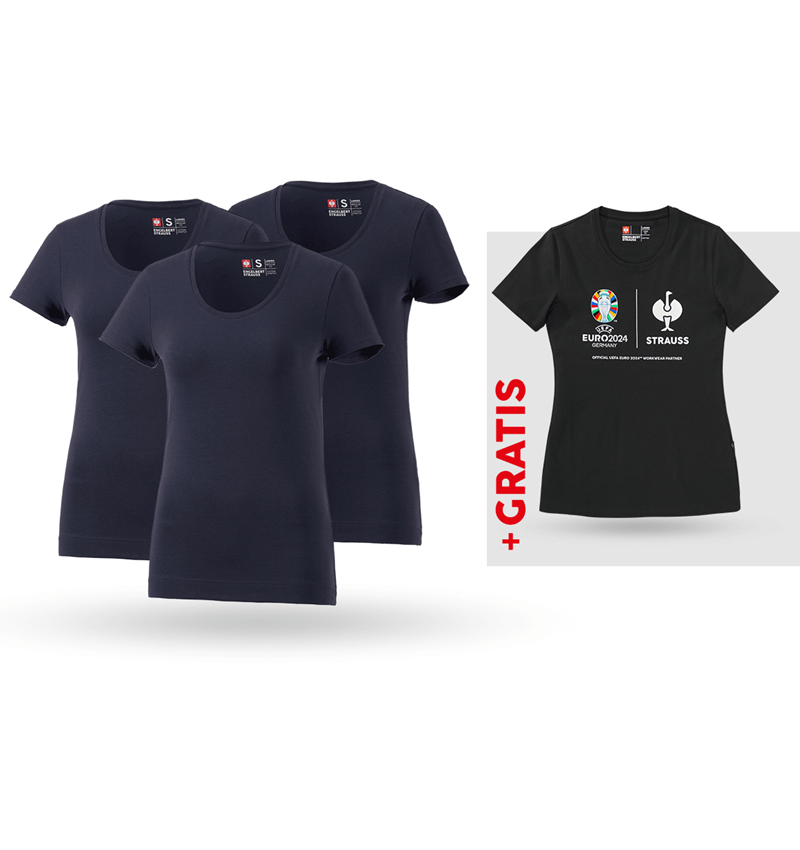 Bekleidung: SET: 3x T-Shirt cotton stretch, Damen + Shirt + dunkelblau