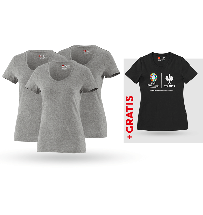 Bekleidung: SET: 3x T-Shirt cotton stretch, Damen + Shirt + graumeliert