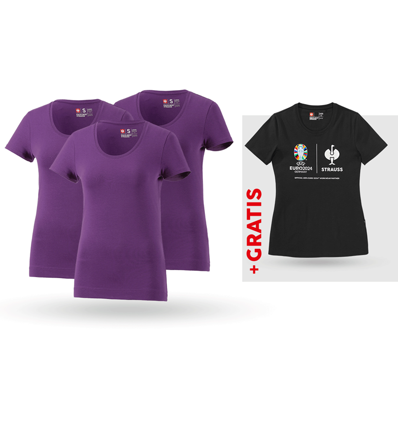 Bekleidung: SET: 3x T-Shirt cotton stretch, Damen + Shirt + violett