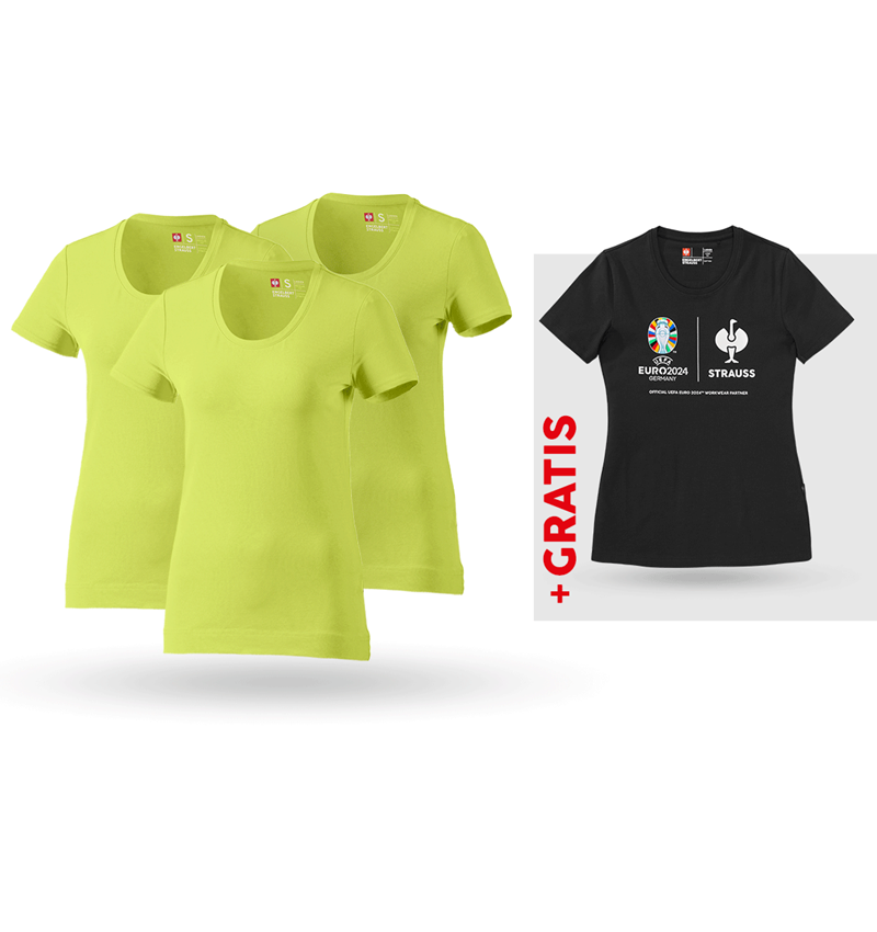 Bekleidung: SET: 3x T-Shirt cotton stretch, Damen + Shirt + maigrün