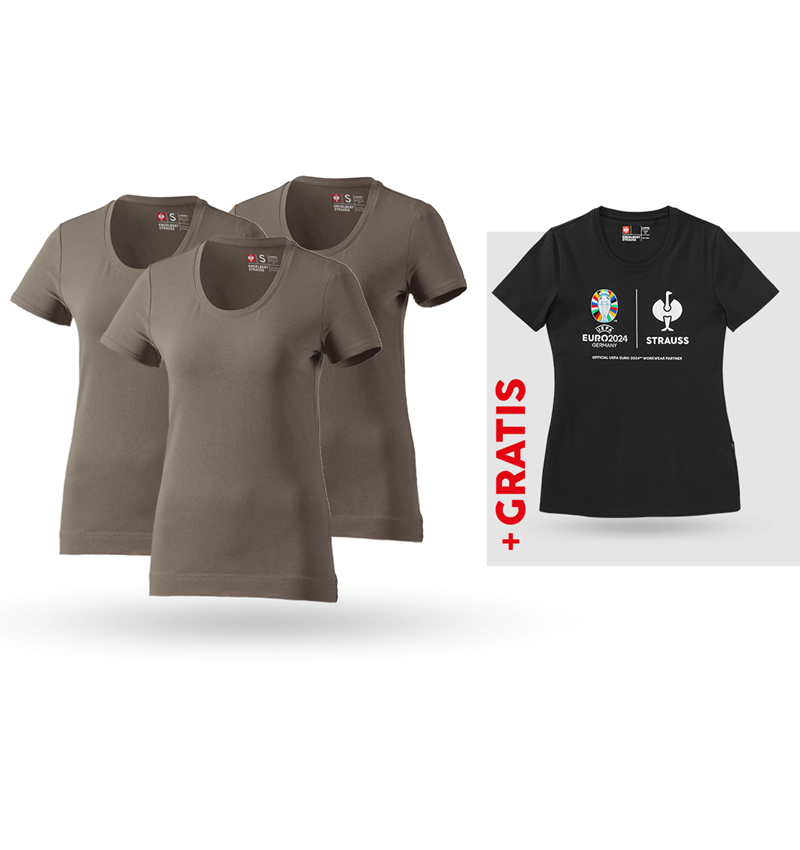 Bekleidung: SET: 3x T-Shirt cotton stretch, Damen + Shirt + stein