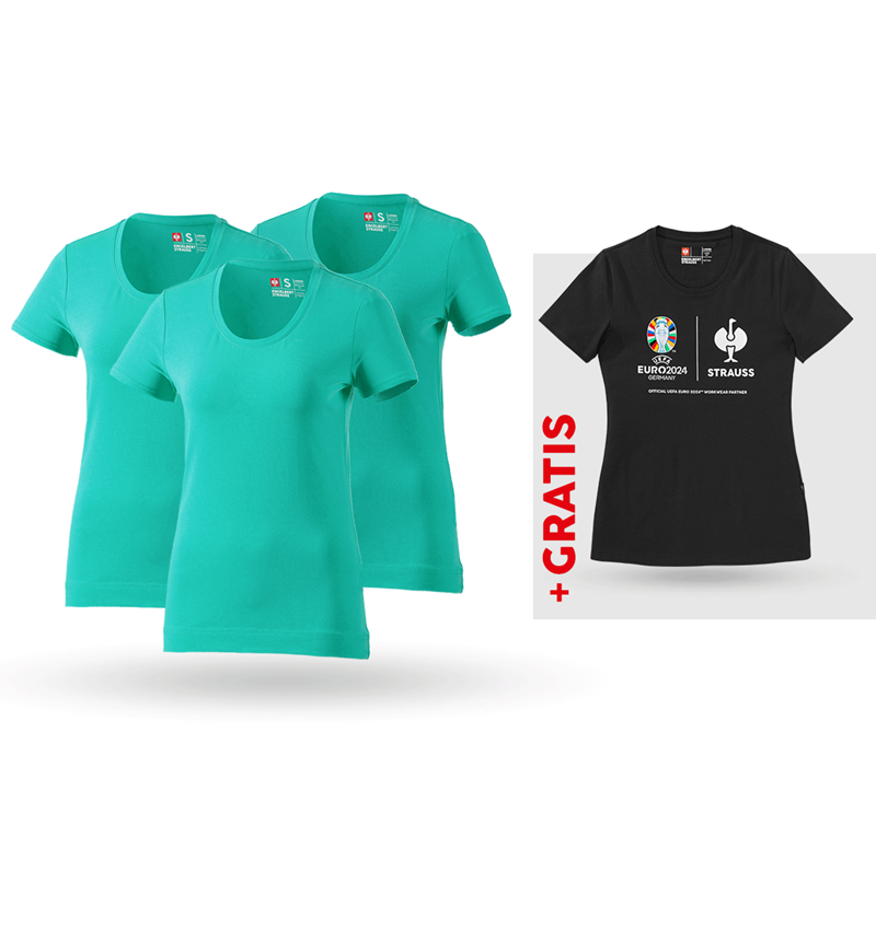 Bekleidung: SET: 3x T-Shirt cotton stretch, Damen + Shirt + lagune