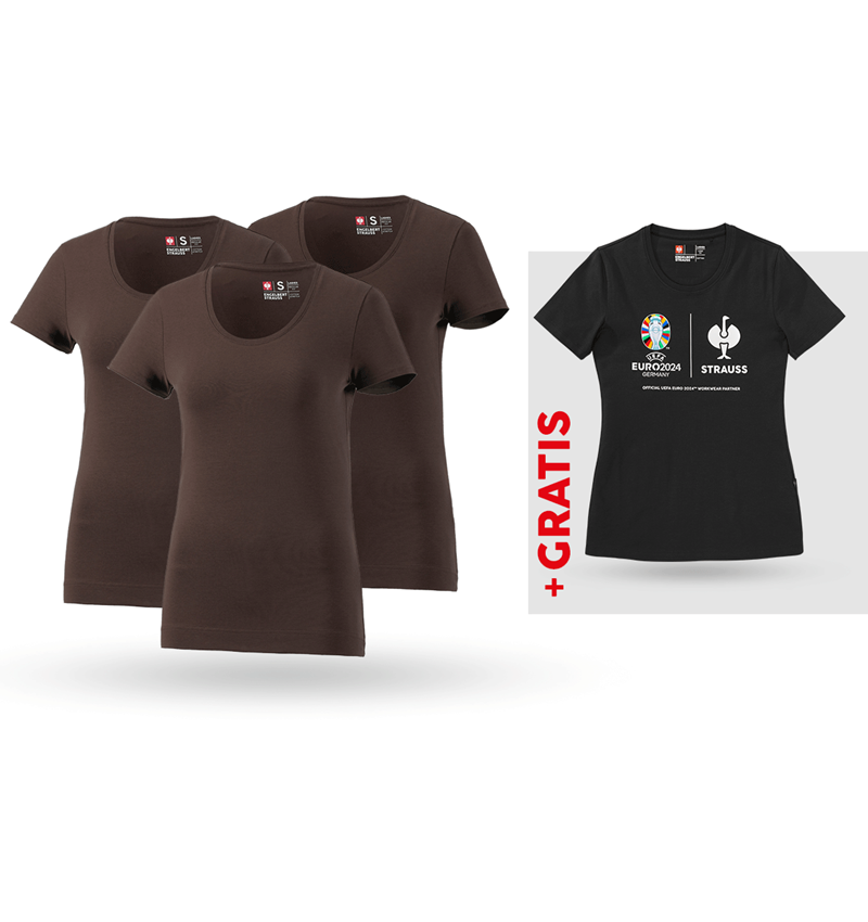 Bekleidung: SET: 3x T-Shirt cotton stretch, Damen + Shirt + kastanie