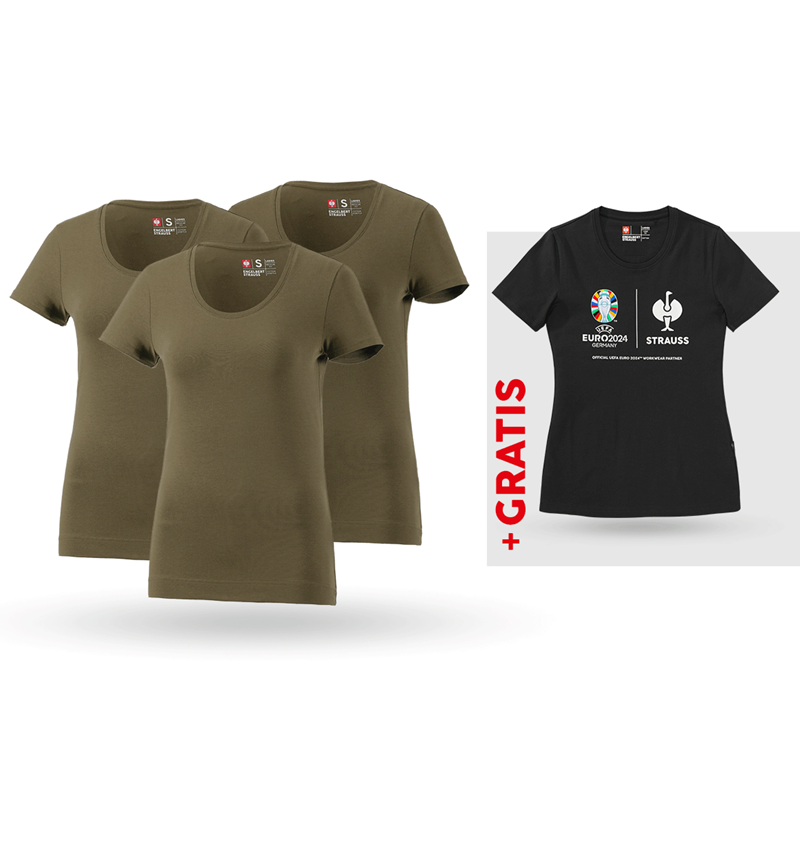 Bekleidung: SET: 3x T-Shirt cotton stretch, Damen + Shirt + schlammgrün