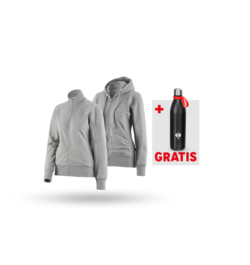 Bekleidung: SET: Sweatjacke + Hoody-Sweatjacke, Damen + graumeliert